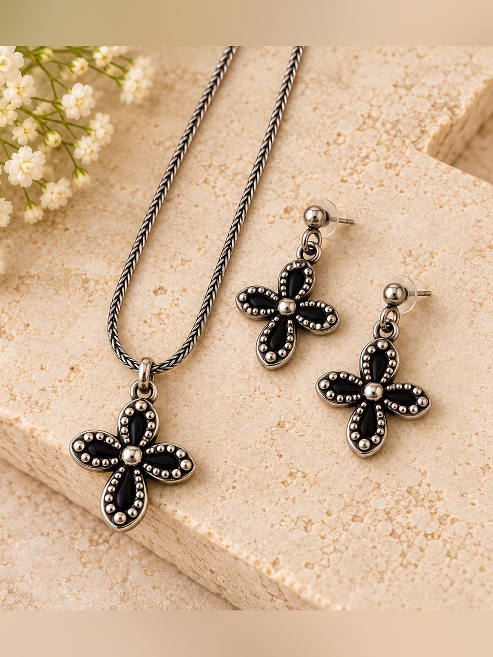 Brighton Vintage Retired Karma Cross Pendant Necklace Drop Earring Set OS
